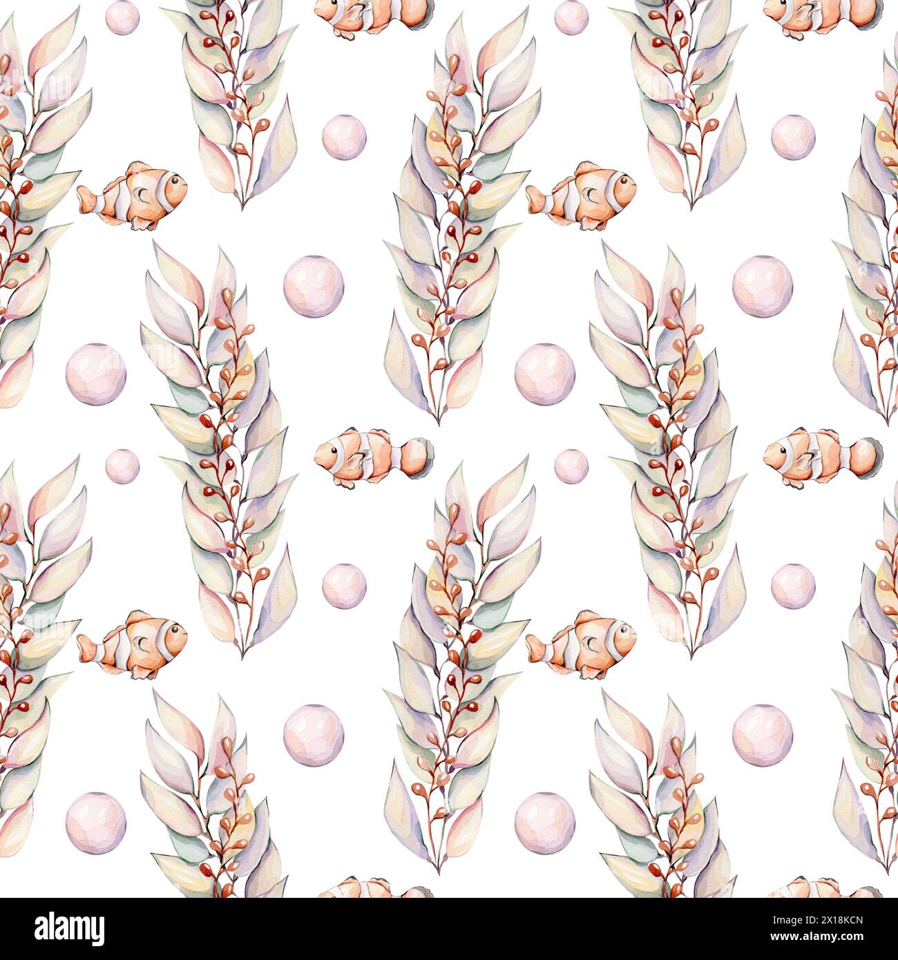 Seamless pattern with fish and seaweed Stock Photo