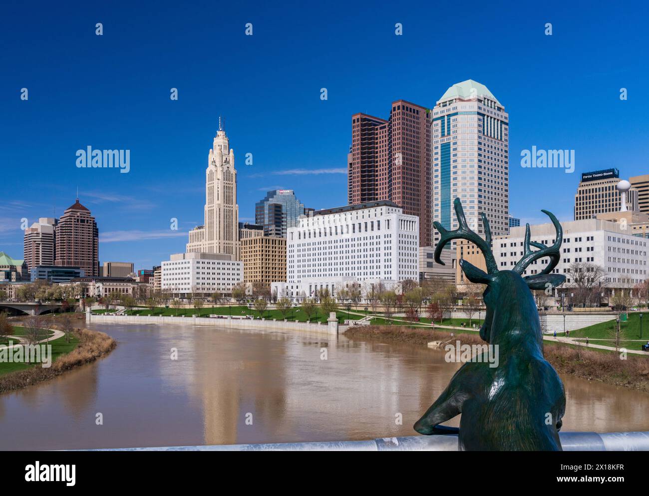 Columbus, OH 7 April 2024 Deer statue by Terry Allen overlooking the