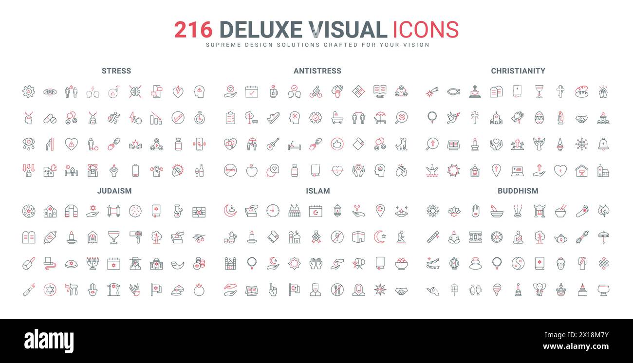Buddhism and Christianity, Islam and Judaism, mental health line icons set. Religious ritual services and holidays, temple mosque and church thin black and red outline symbols vector illustration Stock Vector