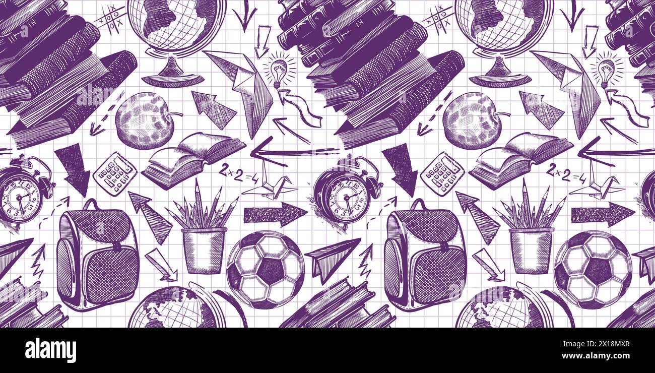 doodle style seamless pattern of blue ink school items. Handmade, not ...