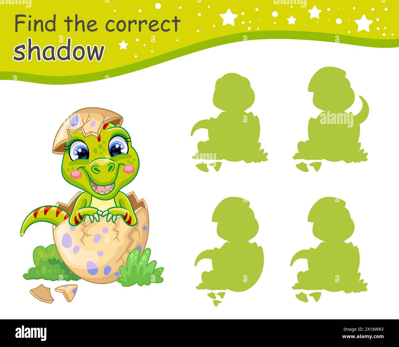 Find correct shadow. Cute cartoon baby Tyrannosaurus rex dinosaur. Educational matching game for children with cartoon character. Activity, logic game Stock Vector