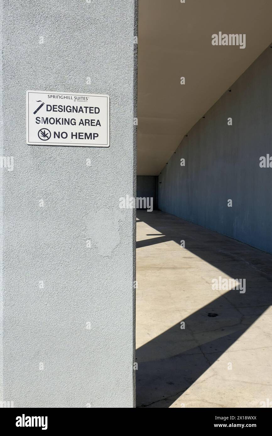Designated smoking area, no hemp sign outside a Springfield Suites hotel, Las Vegas, Nevada