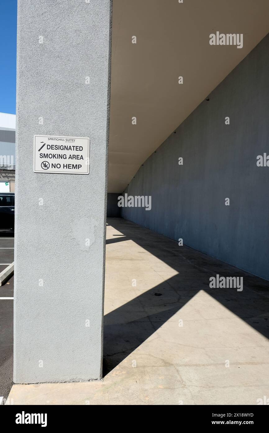 Designated smoking area, no hemp sign outside a Springfield Suites hotel, Las Vegas, Nevada