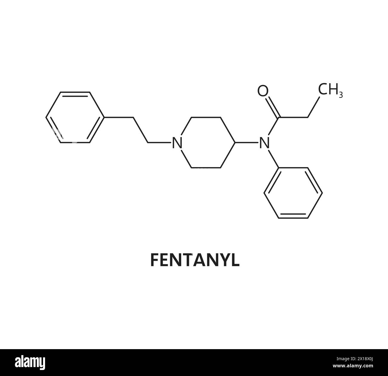 Fentanyl molecule, organic or synthetic drug structure formula. Illegal narcotic biochemical model, addictive substance biomolecule compound or Fentanyl drug chemical vector formula Stock Vector