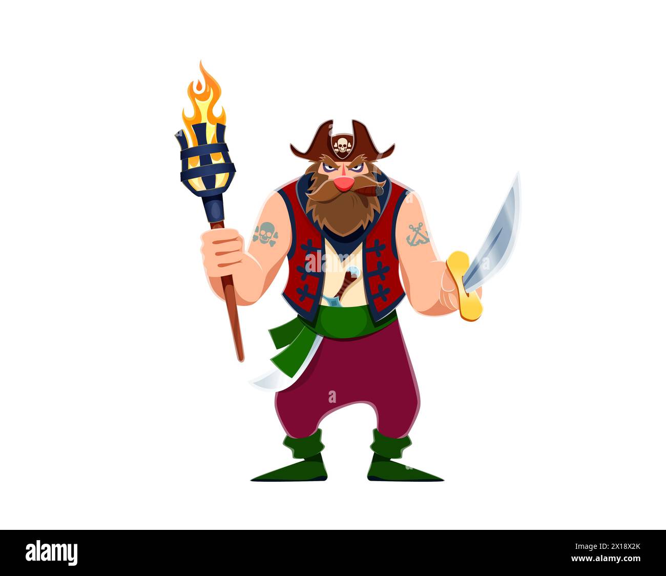 Cartoon danger pirate boatswain character, corsair seaman with torch