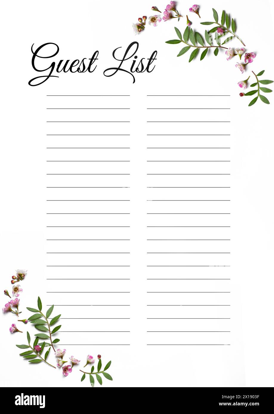 Guest list design with beautiful flowers and empty lines Stock Photo ...