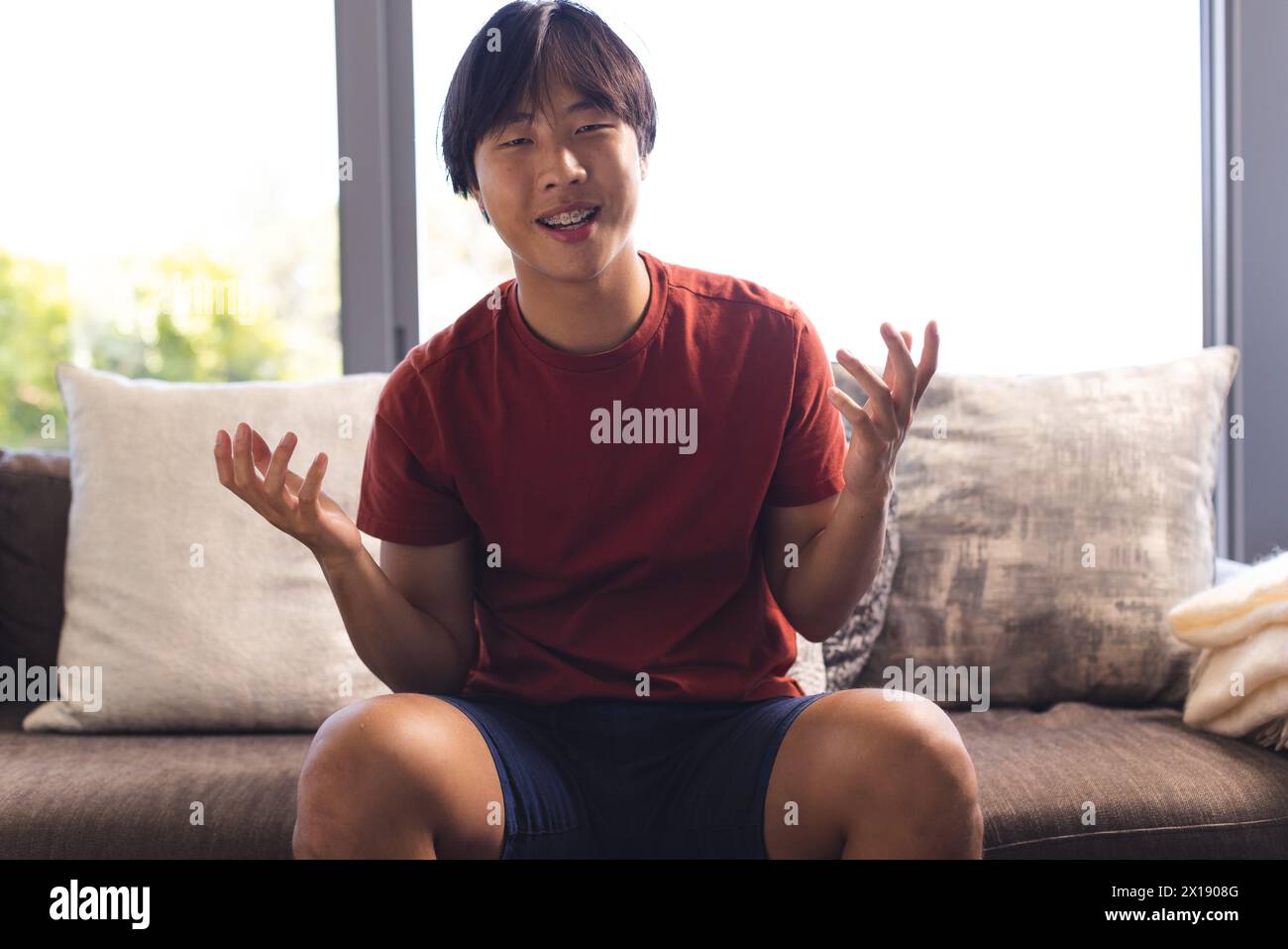 Asian teenage boy sitting on a couch at home, having a video call, talking and gesturing Stock Photo