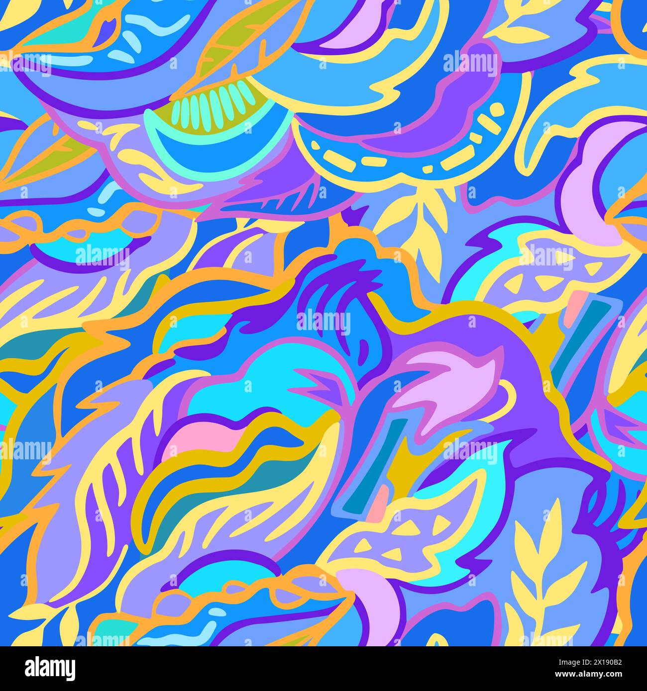 Colorful seamless pattern with chaotic floral and psychedelic abstract elements. Vector illustration. Stock Vector