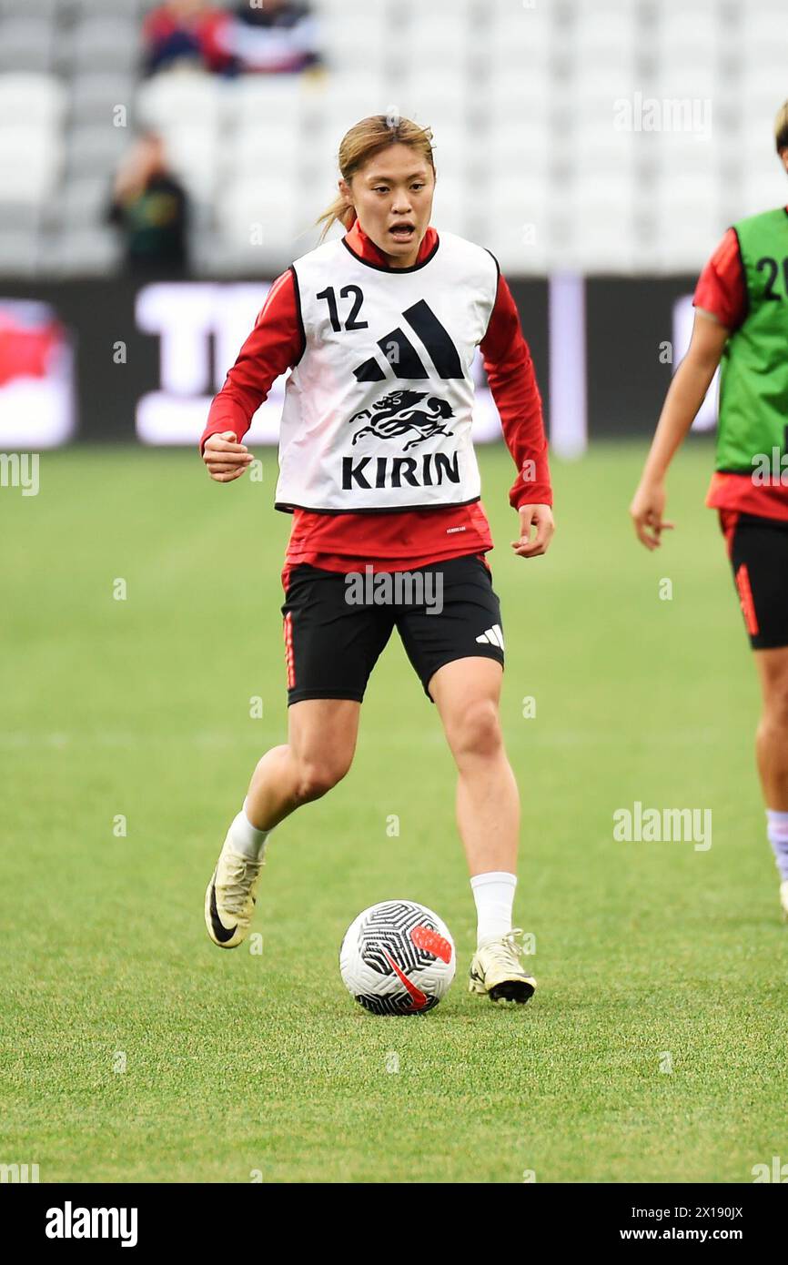 Columbus, Ohio United States. 9th April, 2024. Japan defender Rion Ishikawa (12) handles the ball during warm ups before facing Brazil in their match in Columbus, Ohio, USA. Credit: Brent Clark/Alamy Live News Stock Photo
