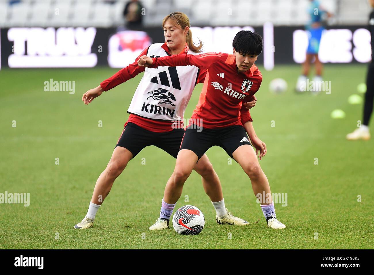 Columbus, Ohio United States. 9th April, 2024. Japan defender Toko Koga (20) fights for the ball against Japan defender Rion Ishikawa (12) during warm ups before facing Brazil in their match in Columbus, Ohio, USA. Credit: Brent Clark/Alamy Live News Stock Photo