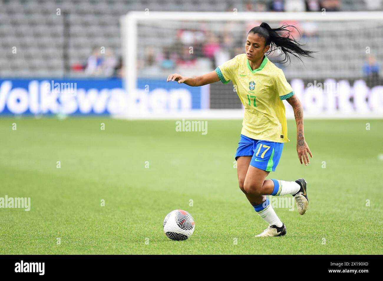 Columbus, Ohio United States. 9th April, 2024. Brazil forward Jaqueline (17) carries the ball against Japan in their match in Columbus, Ohio, USA. Credit: Brent Clark/Alamy Live News Stock Photo
