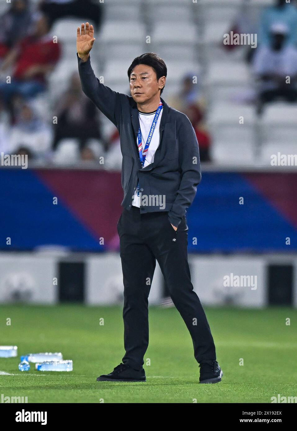 Doha, Qatar. 15th Apr, 2024. Head coach Shin Tae-yong of Indonesia reacts during the Group A match between Qatar and Indonesia of AFC U23 Asian Cup Qatar 2024 at Jassim Bin Hamad Stadium in Doha, Qatar, on April 15, 2024. Credit: Nikku/Xinhua/Alamy Live News Stock Photo