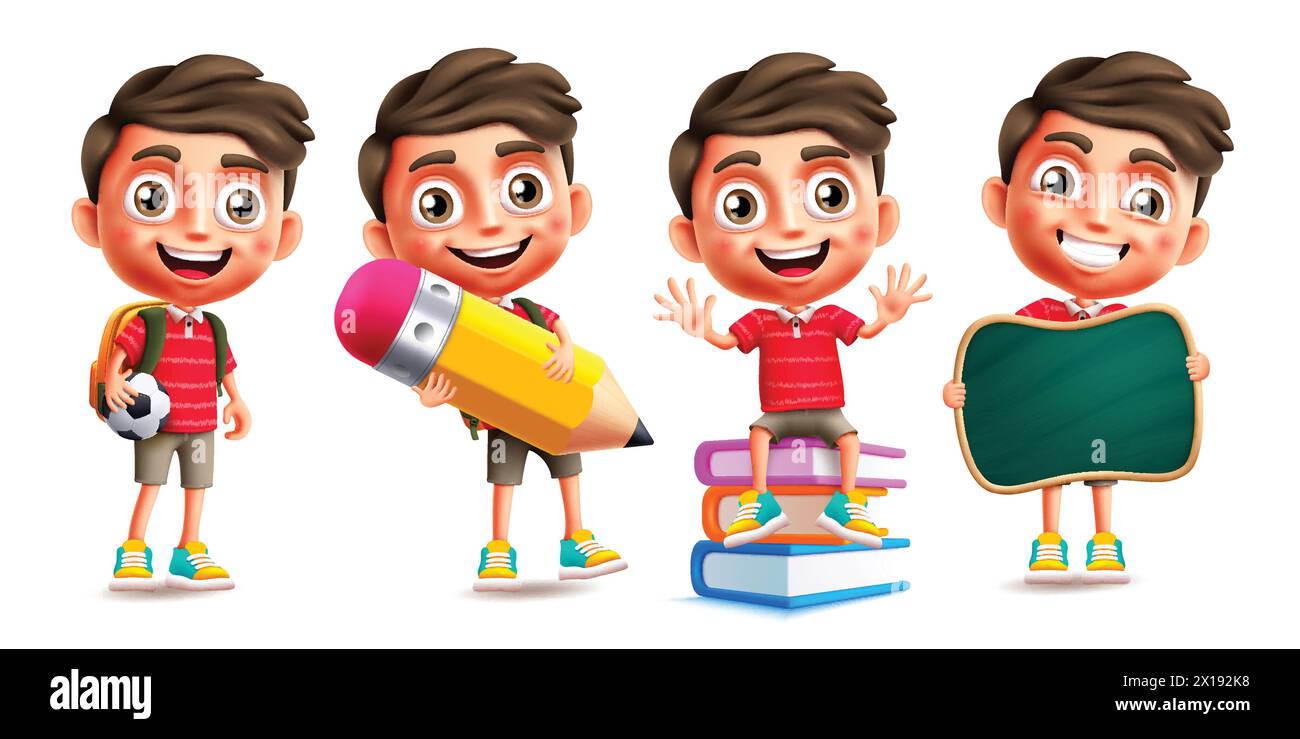 School boy characters vector set design. Back to school cute little kid man character with educational elements and standing pose collection. Vector Stock Vector