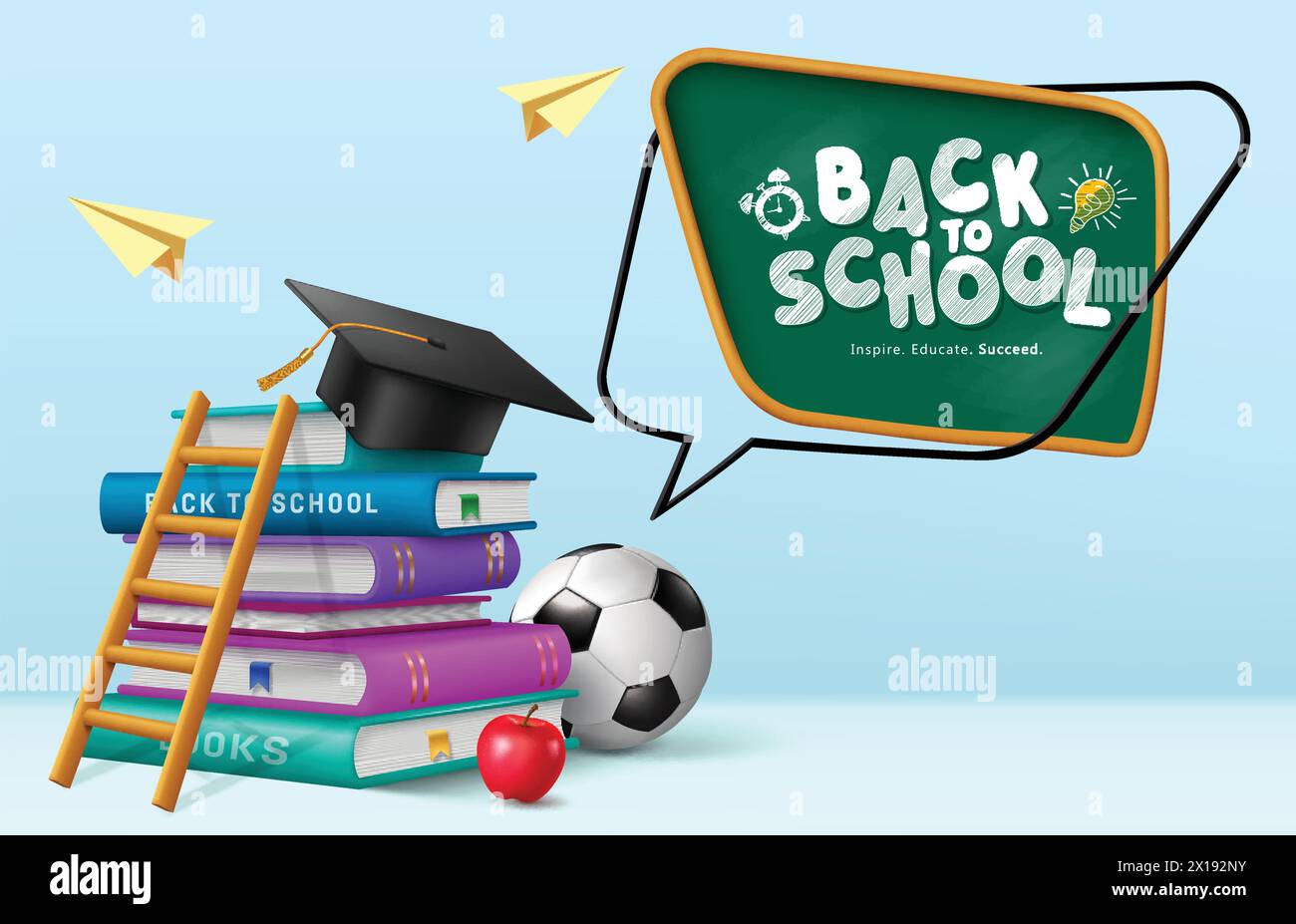 Back to school books vector design. Back to school greeting text in chalk board with learning books, ladder, graduation cap elements for educational Stock Vector