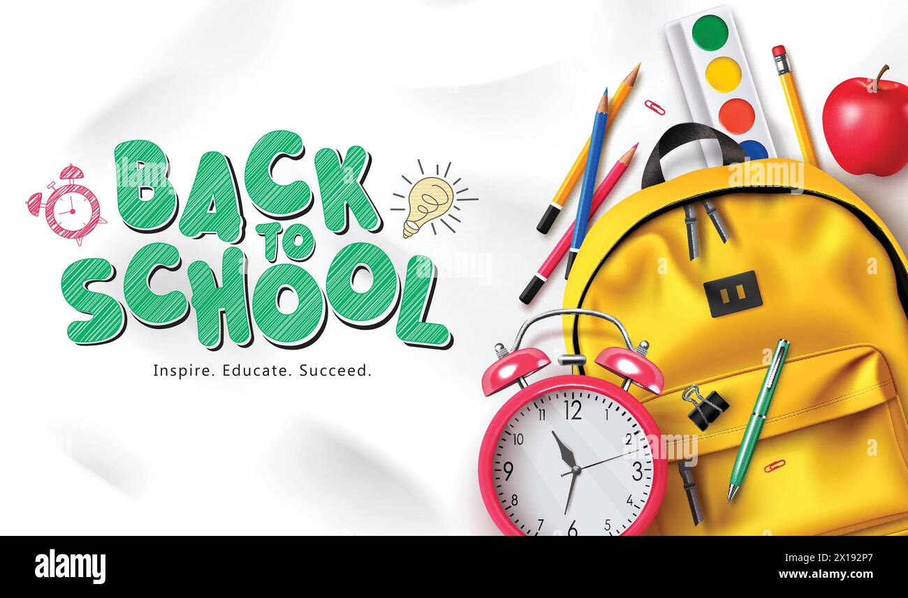 Back to school greeting vector template design. Back to school text with educational yellow back pack, alarm clock, color pencil and water color items Stock Vector