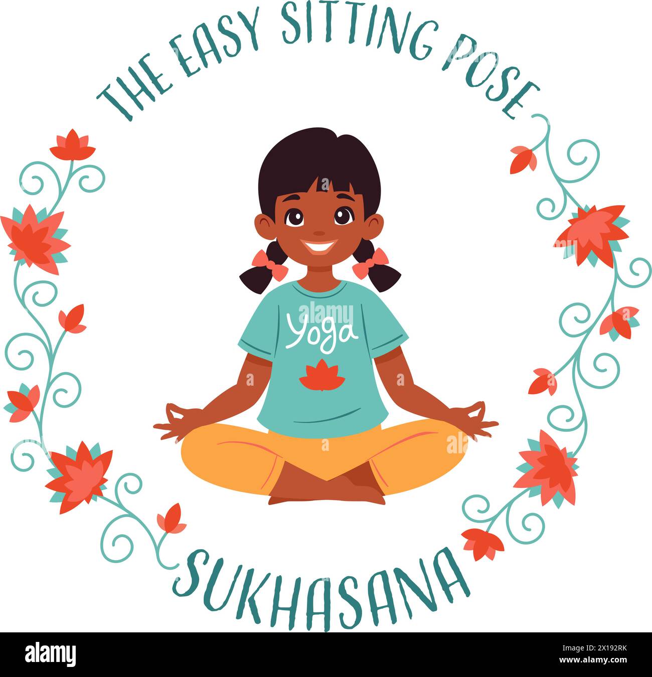 Kid girl doing yoga Lotus easy pose Sukhasana. Fitness concept. Flat vector illustration on white Stock Vector