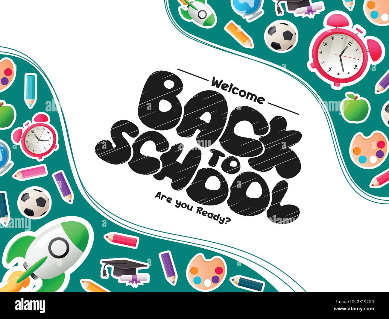 Welcome back to school text vector template. Back to school greeting in empty space for typography with alarm clock, rocket ship, pencil and ball Stock Vector