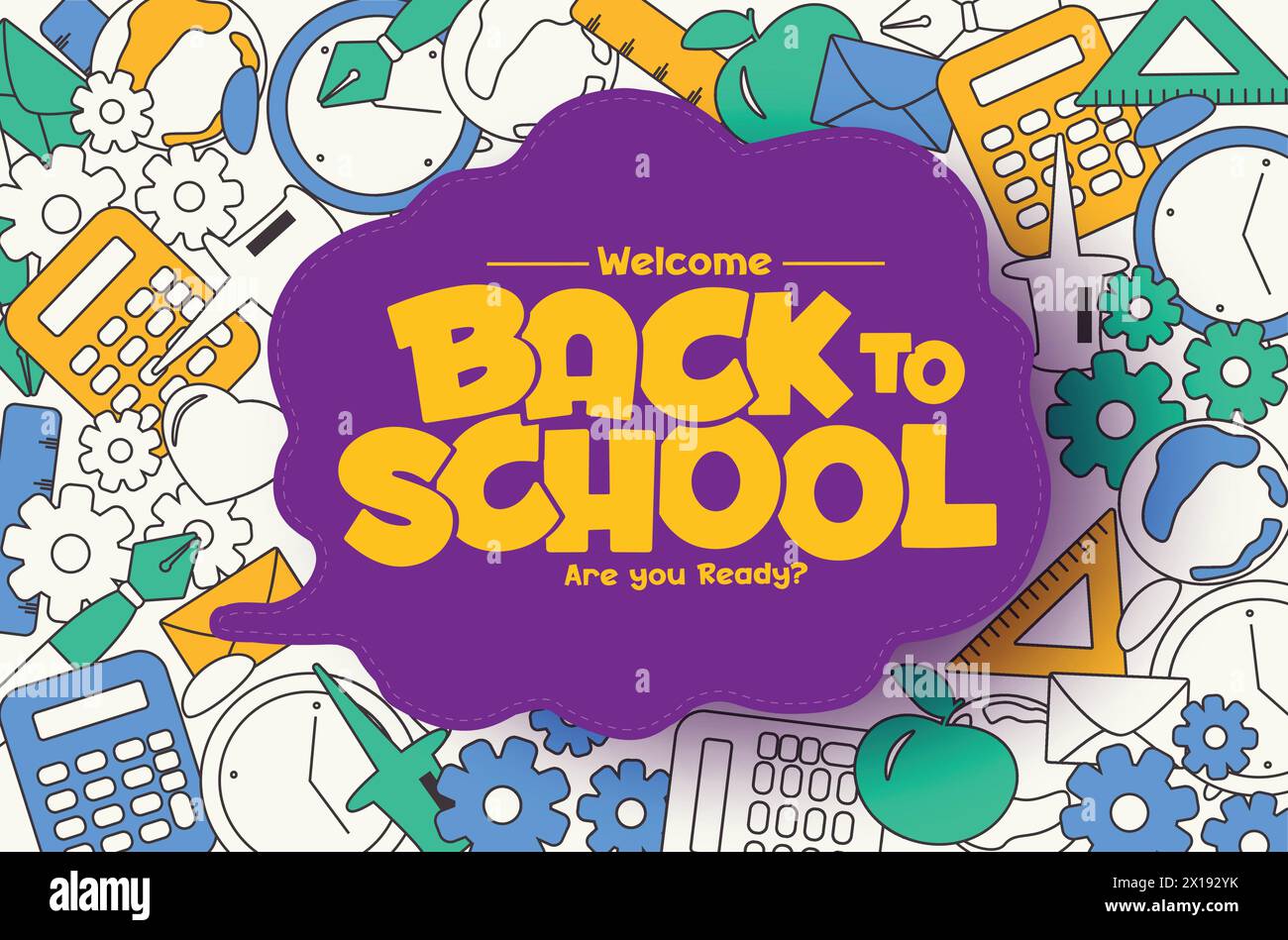 Back to school text vector template design. Welcome back to school greeting in speech bubble space with doodle educational elements, supplies Stock Vector
