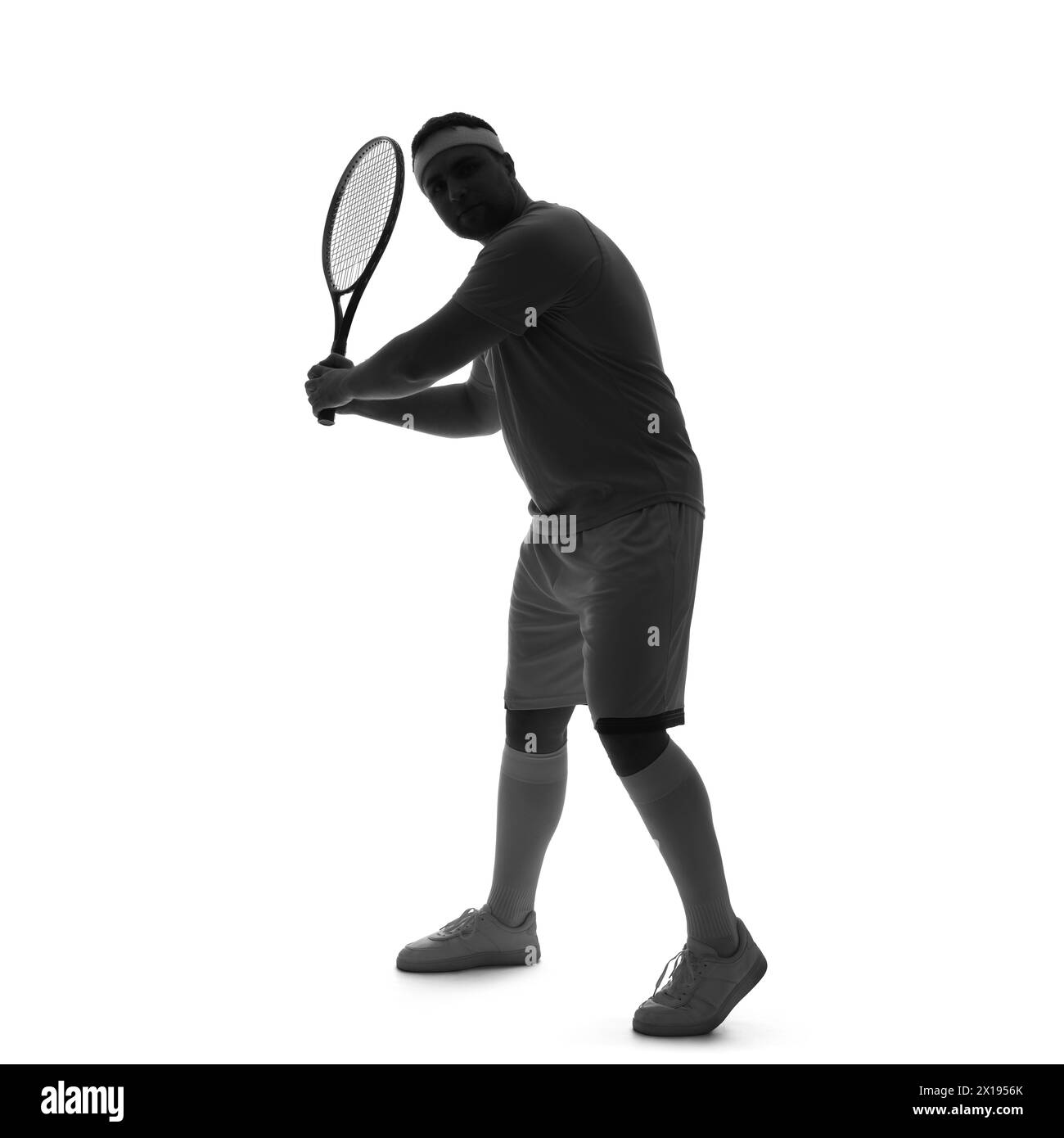Silhouette of sporty young man with racket on white background Stock ...