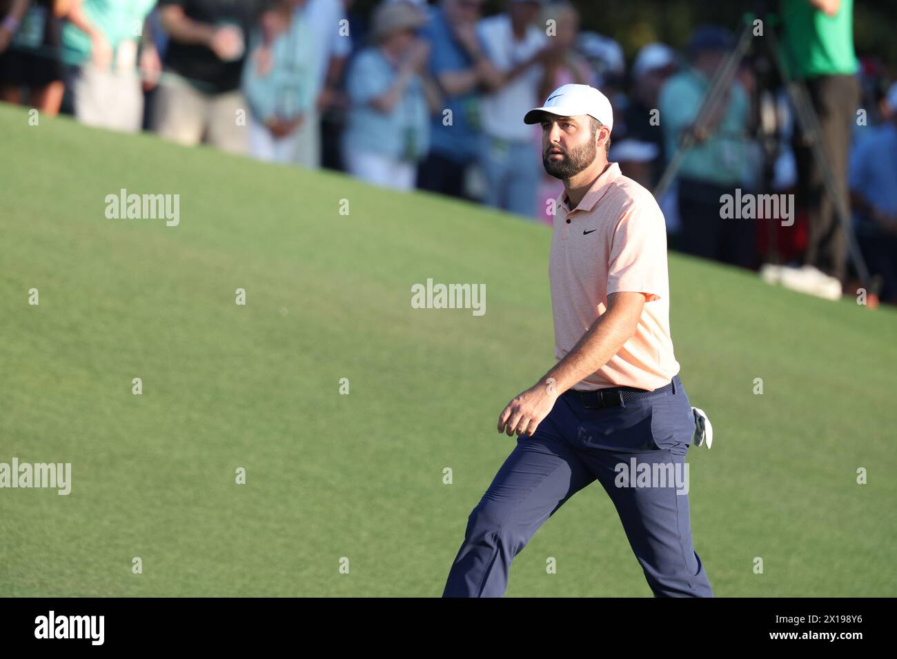 United States' Scottie Scheffler on the 18th hole during the day 4 of the 2024 Masters golf tournament at the Augusta National Golf Club in Augusta, Georgia, United States, on April 14, 2024. Credit: Koji Aoki/AFLO SPORT/Alamy Live News Stock Photo