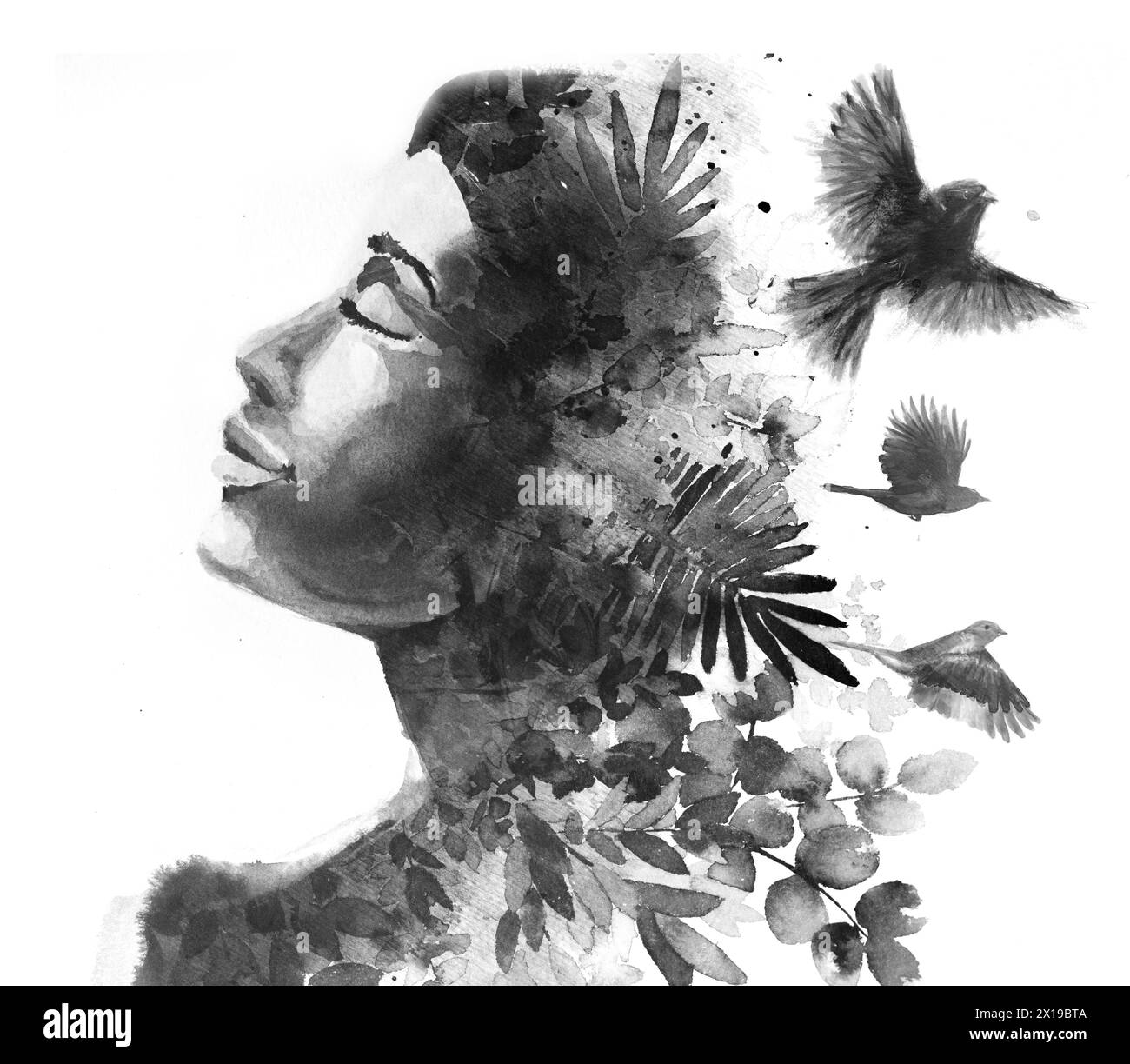 A black and white double exposure portrait of a woman's profile ...