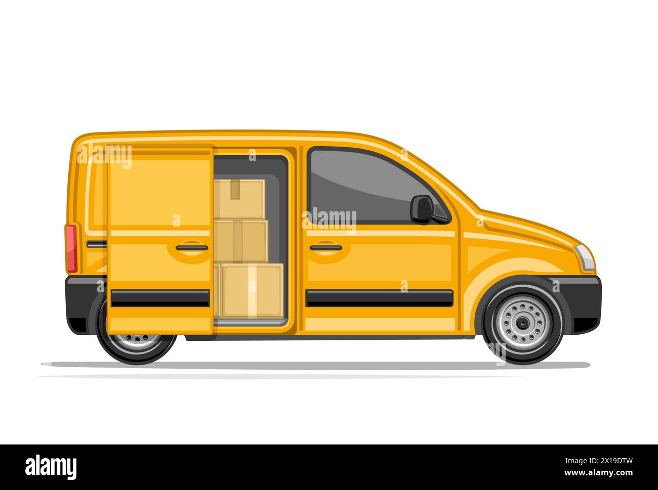 Vector illustration of Small Delivery Van, horizontal poster with profile side view commerce van with opened sliding door and carton boxes stack in ca Stock Vector