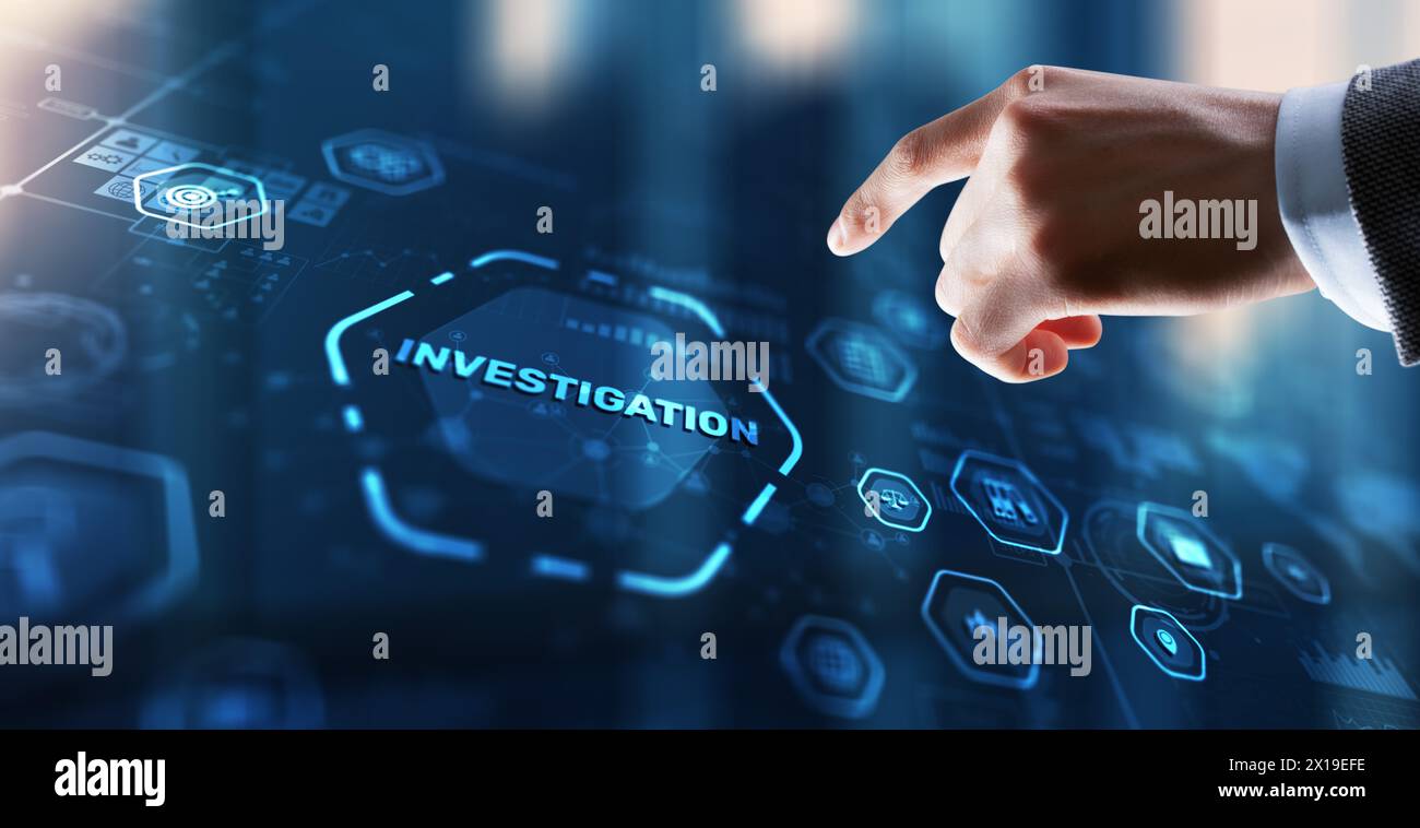 Investigation Business concept. Man presses investigations button on a ...