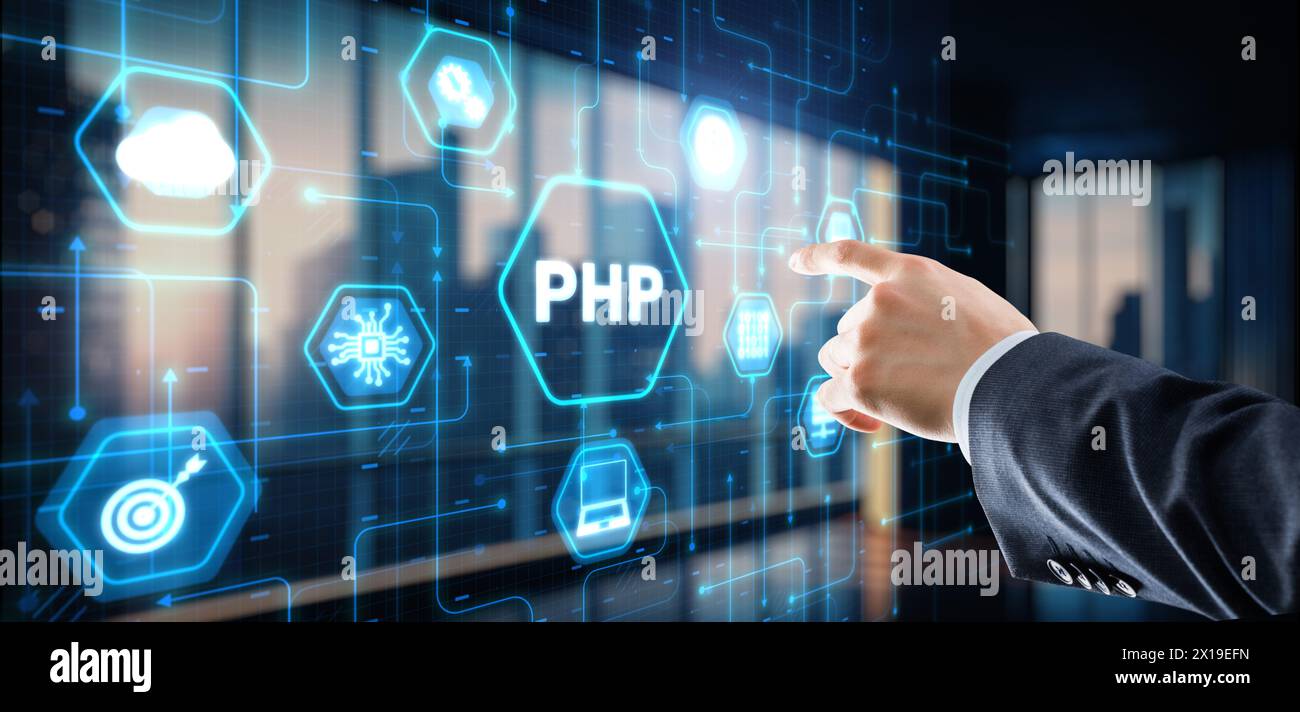 Hypertext Preprocessor PHP Programming. Interpreted programming language Stock Photo