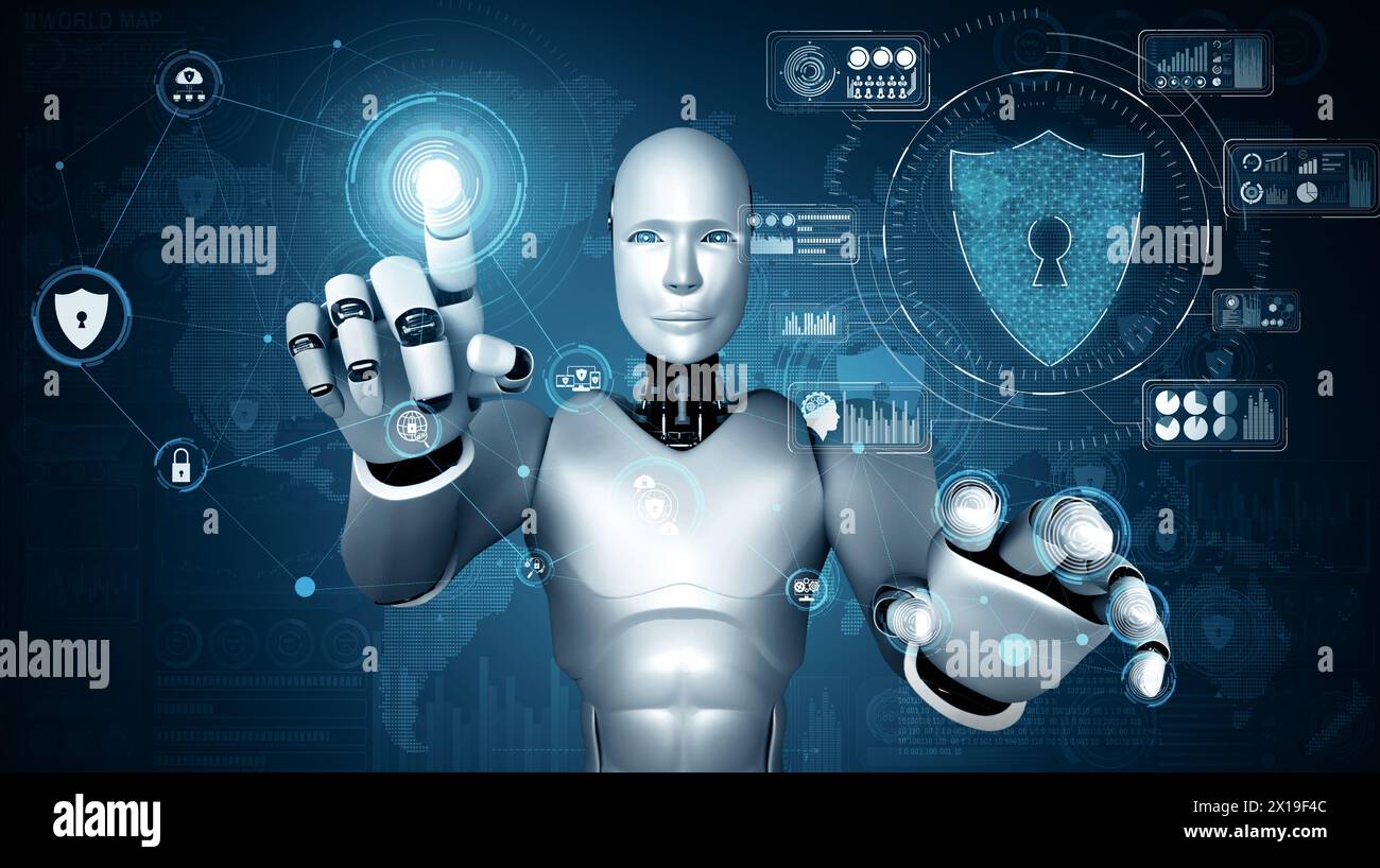 Computer Security With A Robbot XAI 3d illustration AI robot using cyber security to protect ...