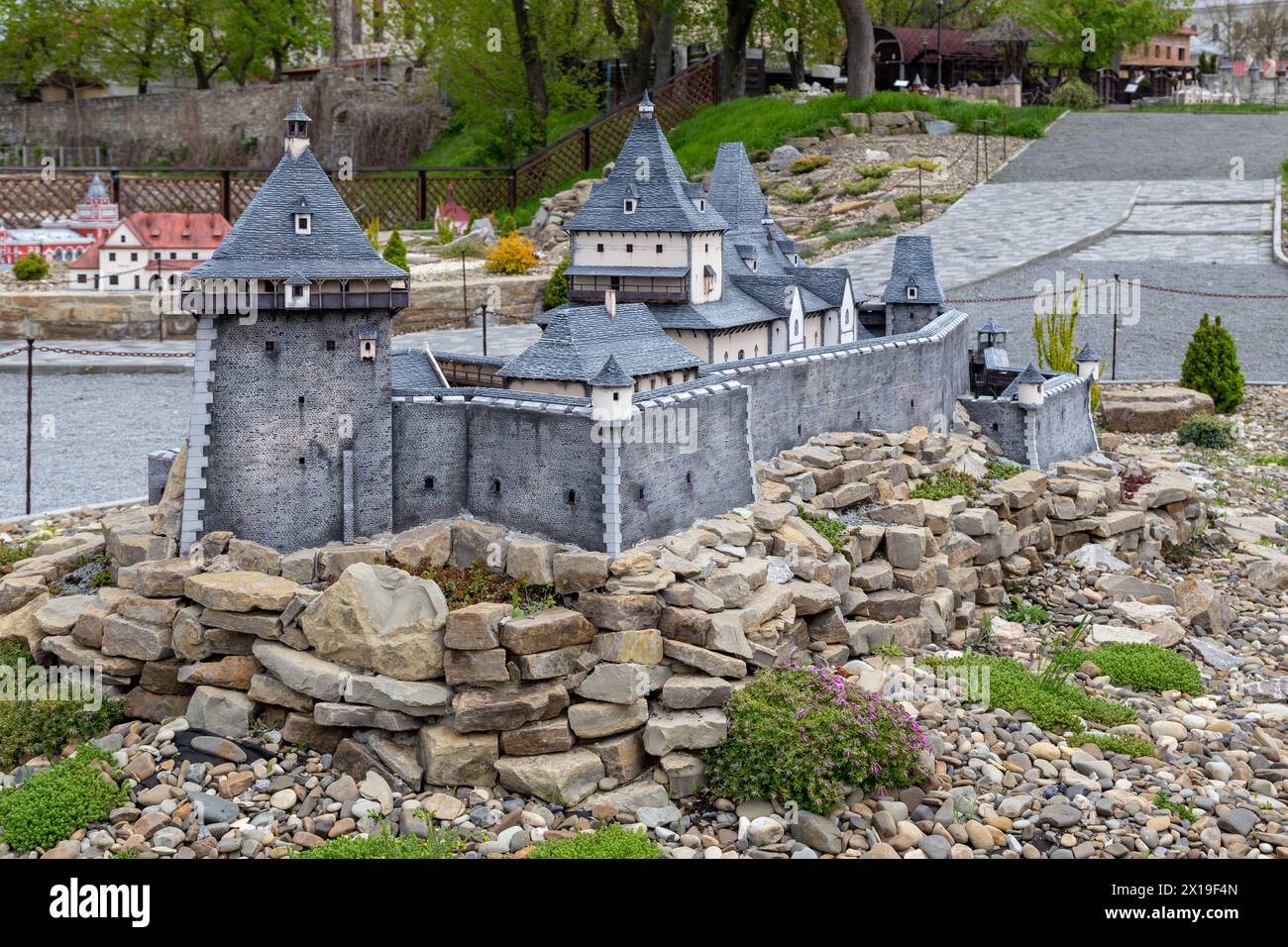 KAMENETS-PODOLSKY, UKRAINE - APRIL 27, 2023: This is a model of the reconstruction of the Lutsk Castle in the Open Air Museum of Castle Miniatures. Stock Photo
