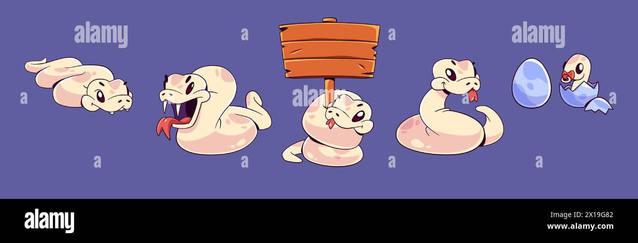 Cute beige snake cartoon character. Comic vector set of funny 2025 New Year mascot. Serpent with tongue crawling on floor, surprised with open mouth, holding wooden banner, and little baby in egg. Stock Vector