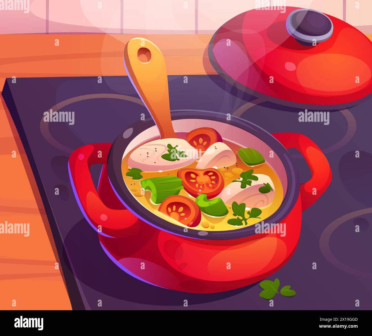 Red pan with vegetables soup on kitchen stove. Hot food smoke and boiling while cooking top view. Open pot with handle kitchenware graphic design. Dinner preparation in bowl on electric cooker Stock Vector