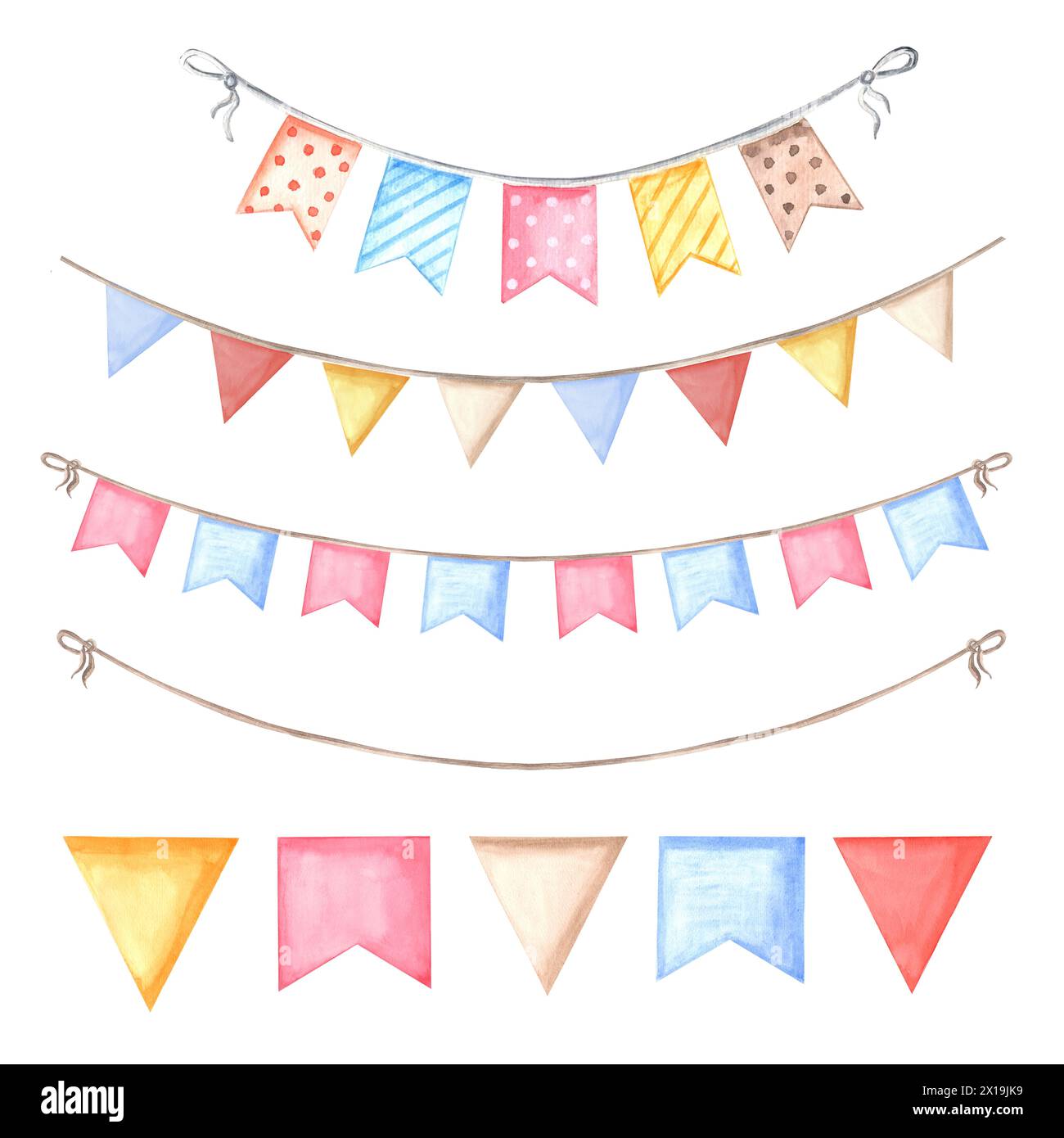 Flags and pennants Watercolor illustrations set. Cute festive hanging garlands colorful. Template of holiday decoration. Isolated hand drawn clip art Stock Photo