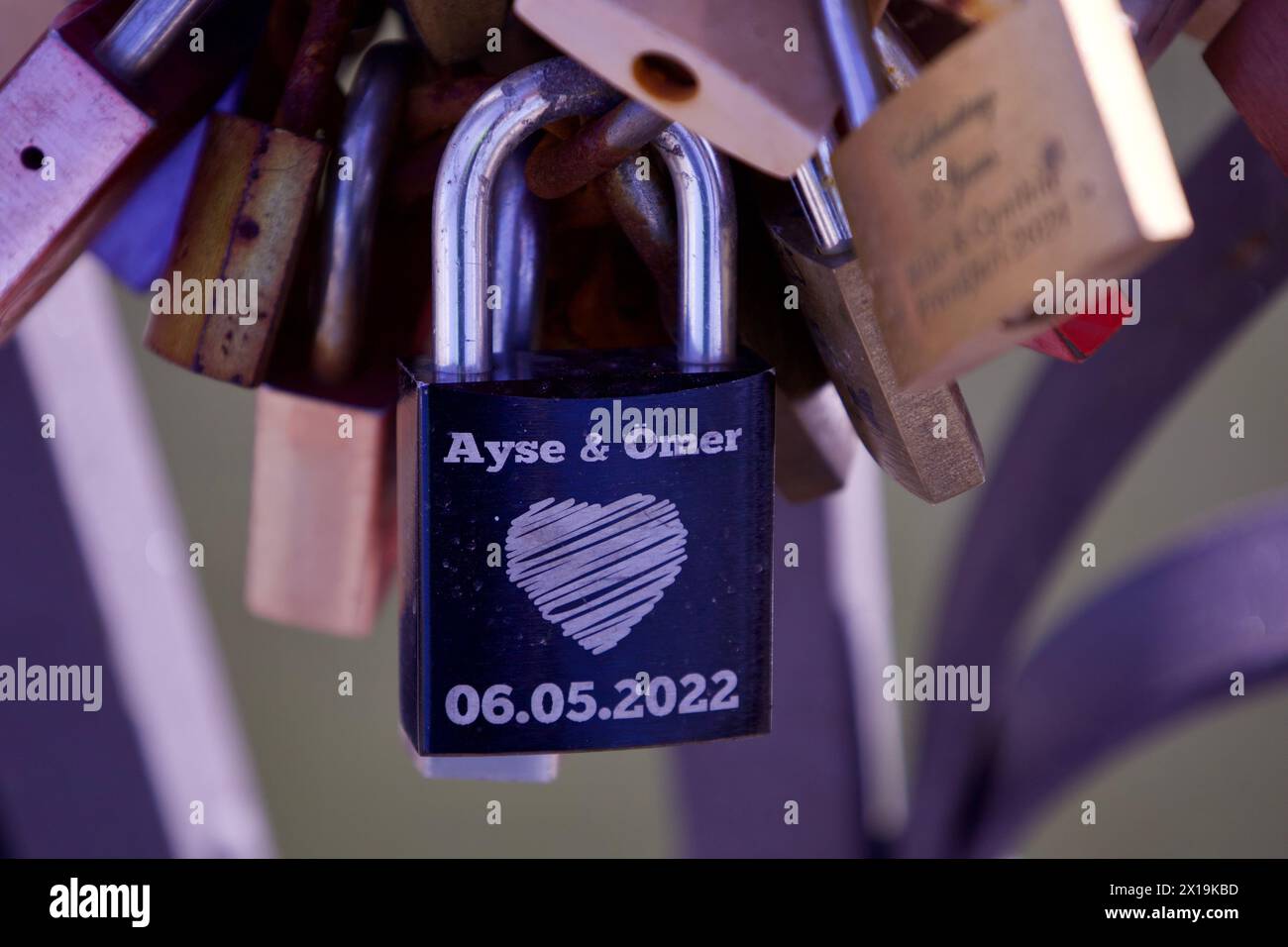 Frankfurt, Germany, April 10, 2024. A love lock on the iron foot bridge ...
