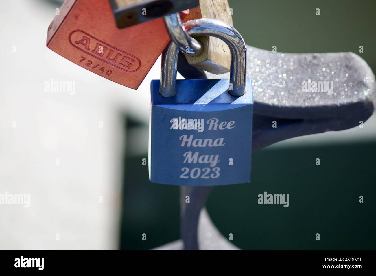 Frankfurt, Germany, April 10, 2024. A love lock on the iron foot bridge ...