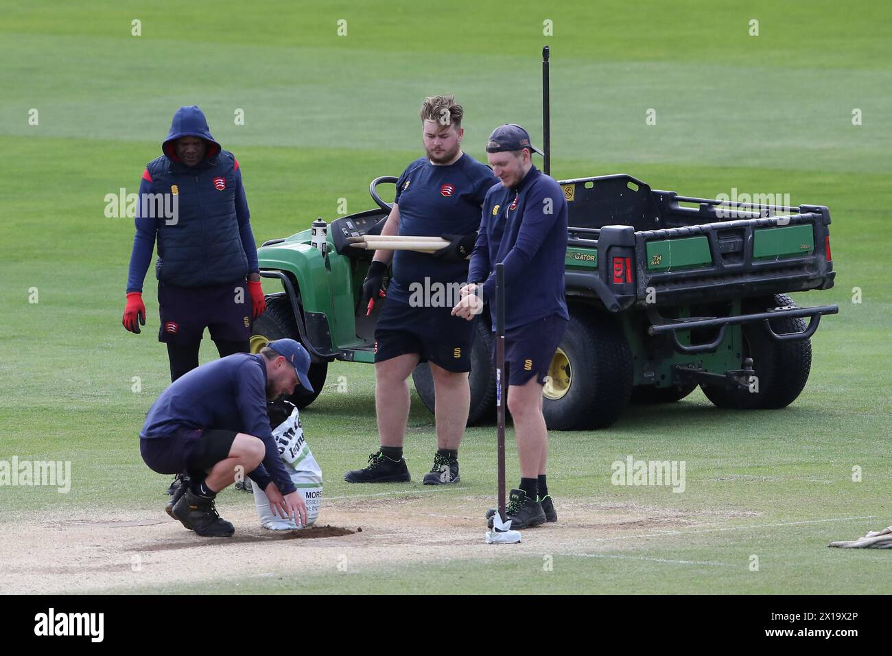 Ground staff prepare the pitch during Essex CCC vs Kent CCC, Vitality County Championship Division 1 Cricket at The Cloud County Ground on 15th April Stock Photo