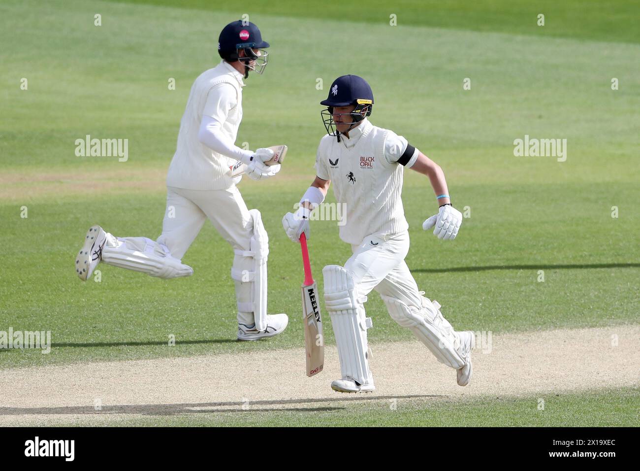 Jaydn Denly (R) and Joe Denly in batting action during Essex CCC vs Kent CCC, Vitality County Championship Division 1 Cricket at The Cloud County Grou Stock Photo