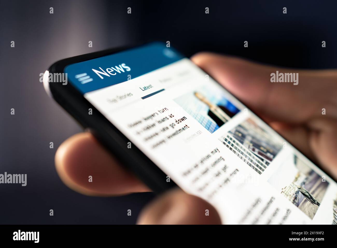 News online. Phone with newspaper headlines and feed. Digital press article. Reader watching latest titles. Mockup media publication website . Stock Photo