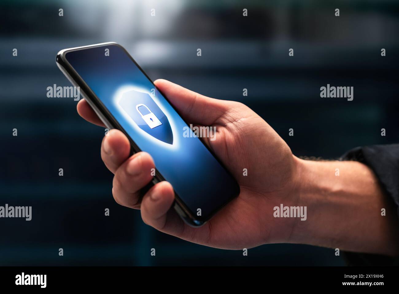 Phone data security protect from scam and mobile crime. Online privacy and cyber safety with cell app password. Spy, spyware or identity theft. Stock Photo