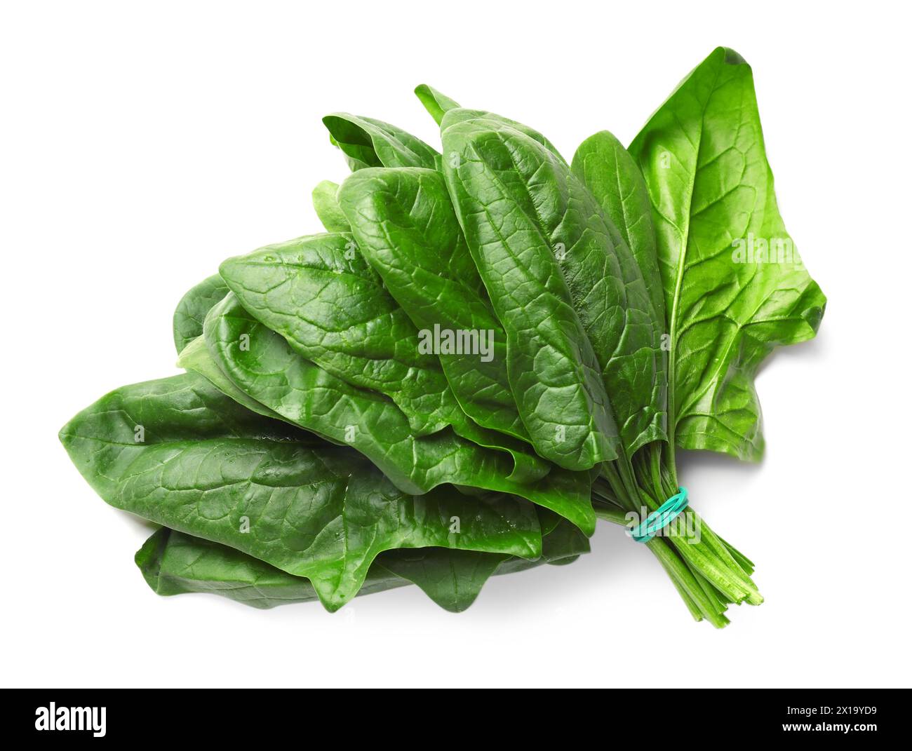 Bunch of fresh spinach leaves isolated on white, top view Stock Photo