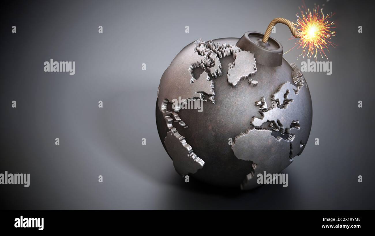 World map shaped bomb with burning fuse. 3D illustration. Stock Photo