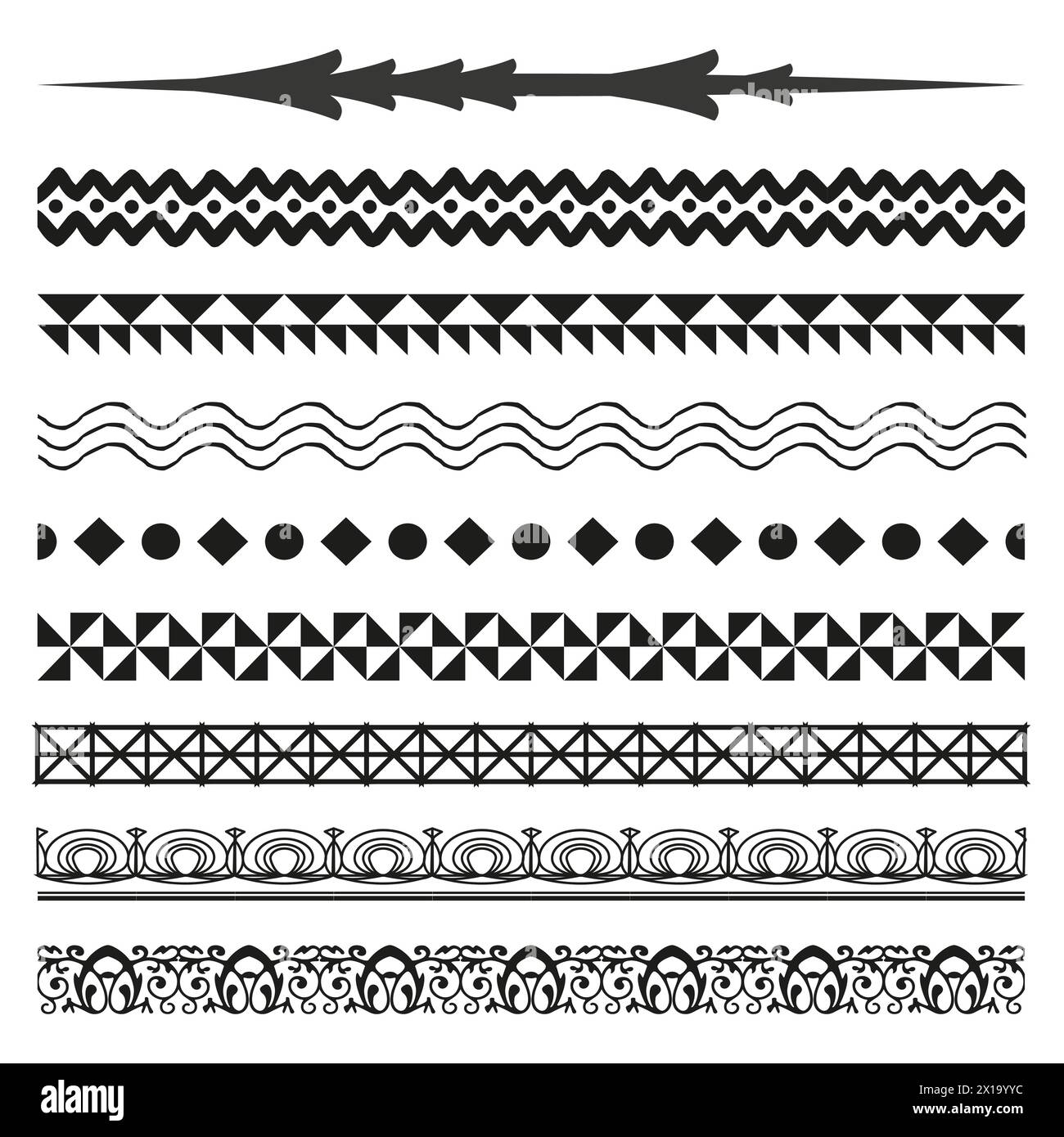 Decorative border patterns set. Tribal and geometric designs. Seamless ornamental strips. Vector illustration. EPS 10. Stock Vector