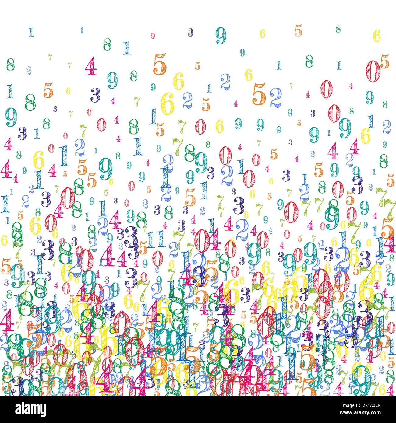 Scattered numbers. Colorful childish digits flying chaotic. Back to school mathematics banner on white background. Falling numbers vector illustration. Stock Vector