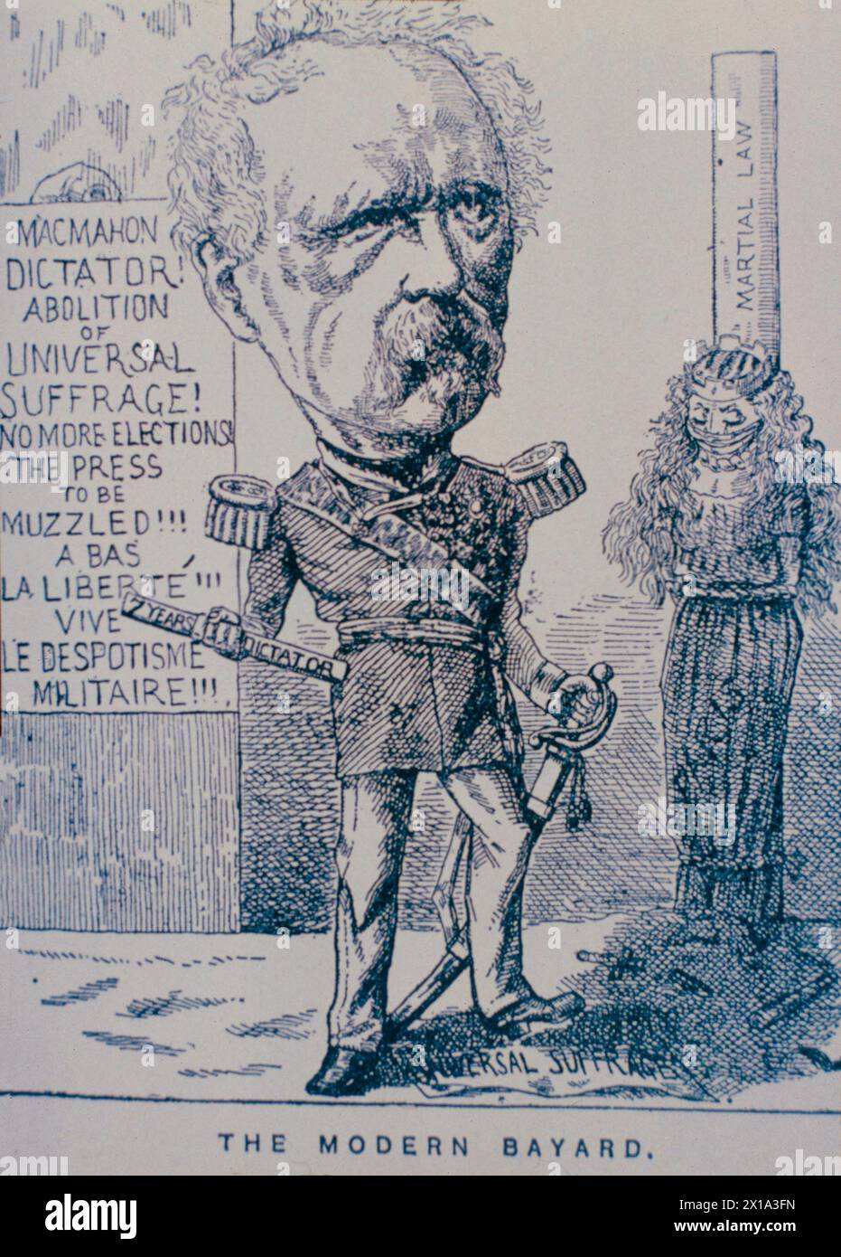 French Marshal Patrice de MacMahon depicted crushing universal suffrage, cartoon from 1877 Stock Photo