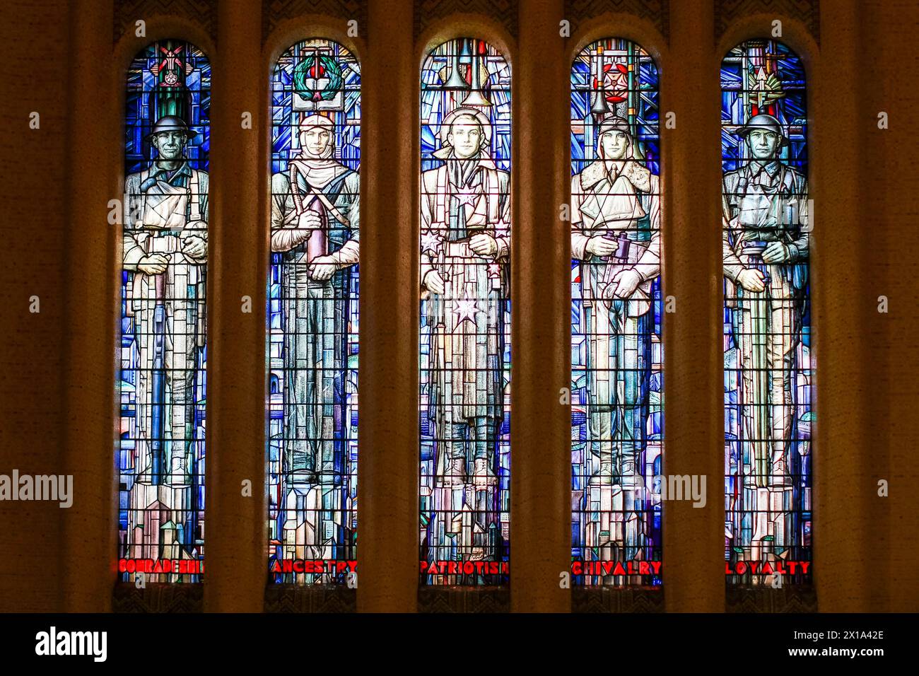Canberra, Australia - October 22, 2009 : Australian War Memorial. Stained glass window depicting comradeship, ancestry,  patriotism, chivalry, loyalty. Stock Photo