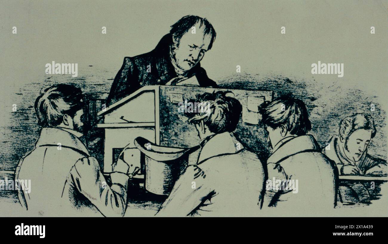German philosopher Georg Wilhelm Friedrich Hegel lecturing at the University of Berlin, litograph from drawing from life, Germany 19th century Stock Photo