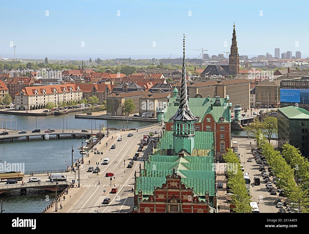 COPENHAGEN, DENMARK - Panoramic view of Copenhagen, in center the old stock exchange of XVII century in Dutch Renaissance style with the copper roofs Stock Photo