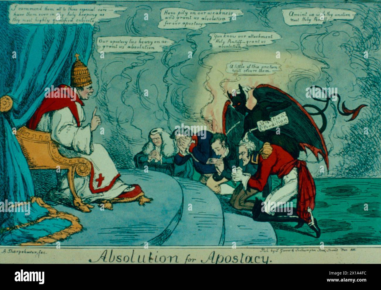 Absolutism for Apostasy, British cartoon about the Catholic Emancipation bill, illustration 1829 Stock Photo