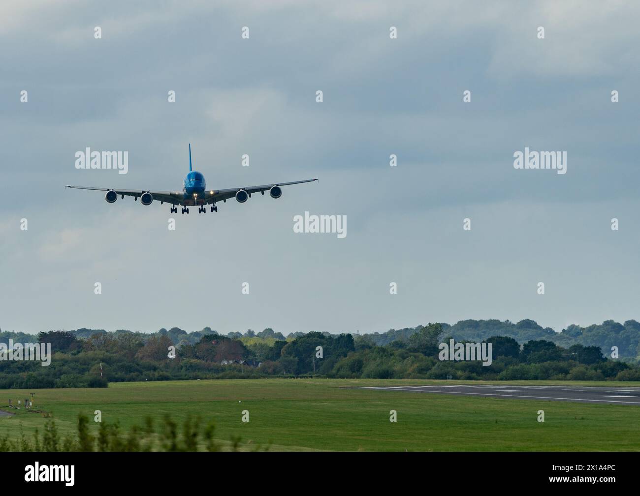 Landing a380 plane into Manchester. Stock Photo