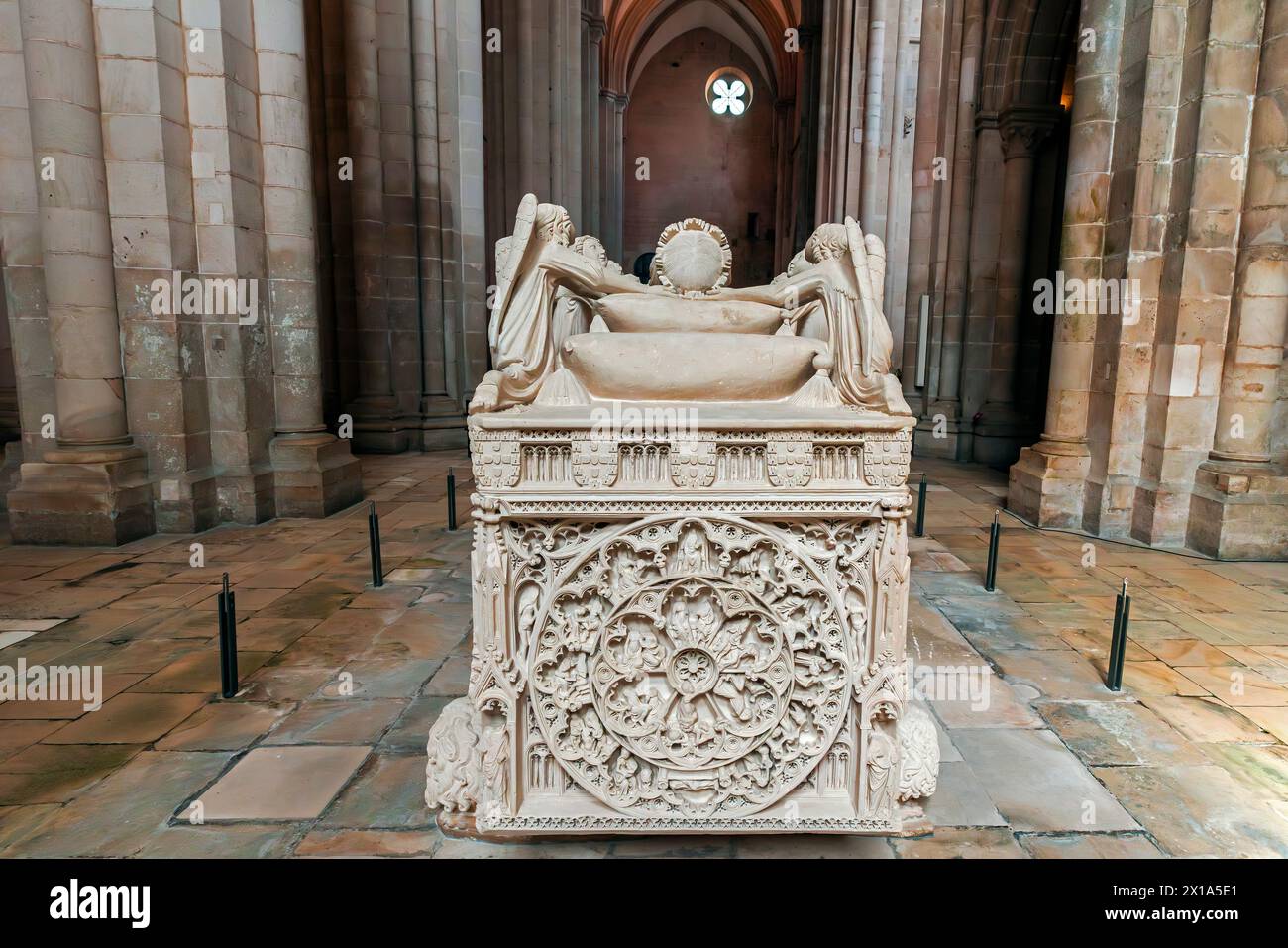 The tomb of King Pedro in the Alcobaça church. The Alcobaça Monastery (Mosteiro de Alcobaça)  or Alcobasa Monastery is a Catholic monastic complex loc Stock Photo